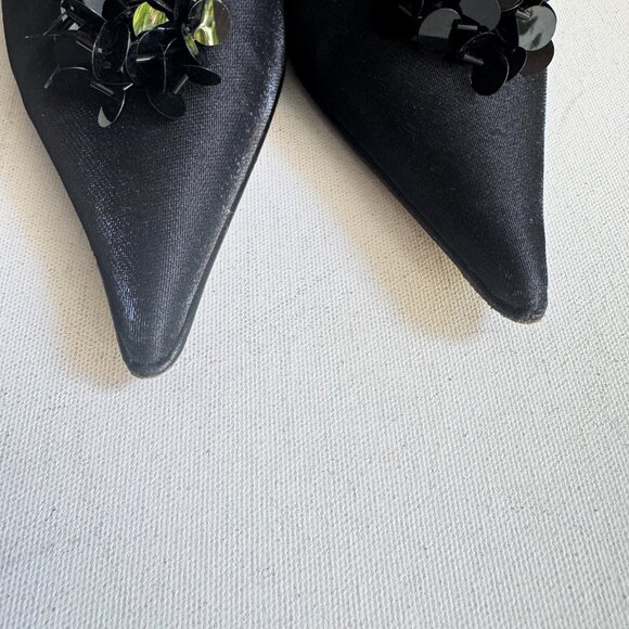 Vintage Sofia Black Satin Pointy Toe Sequin Accent Kitten Heel Hells 36 - Picture 9 of 11